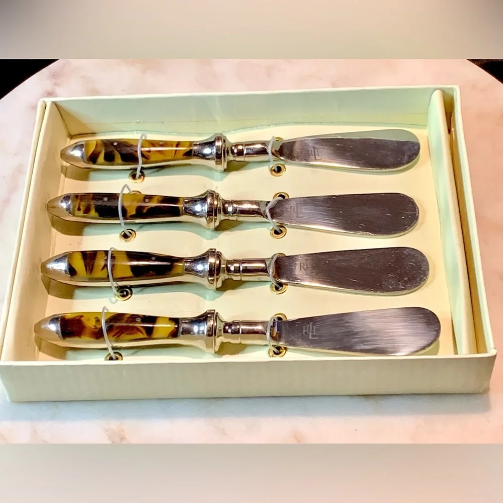 RALPH LAUREN WENTWORTH TORTOISE SPREADERS KNIVES SET OF 4 STAINLESS STEEL
